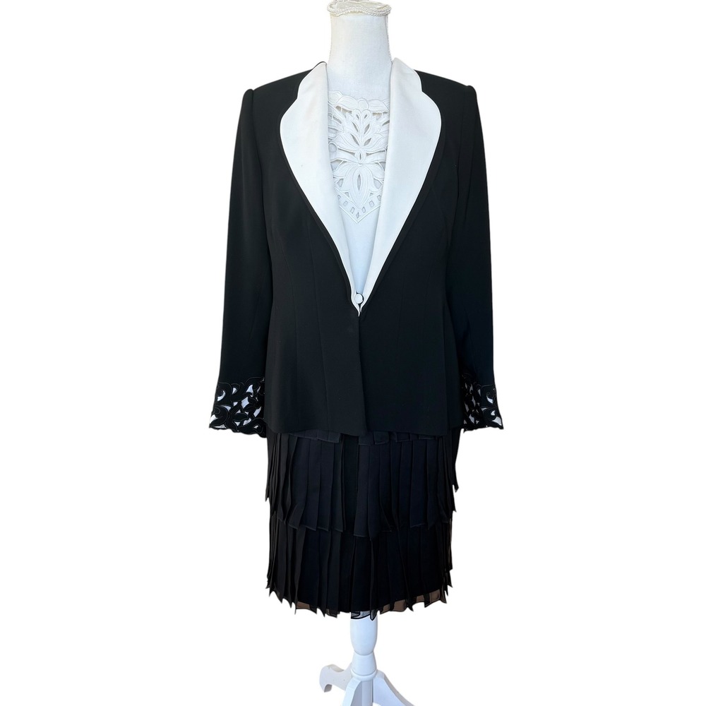 Fe Zandi Beverly Hills 3 Piece Skirt Suit‎ Set Black White Embroidered Size 6